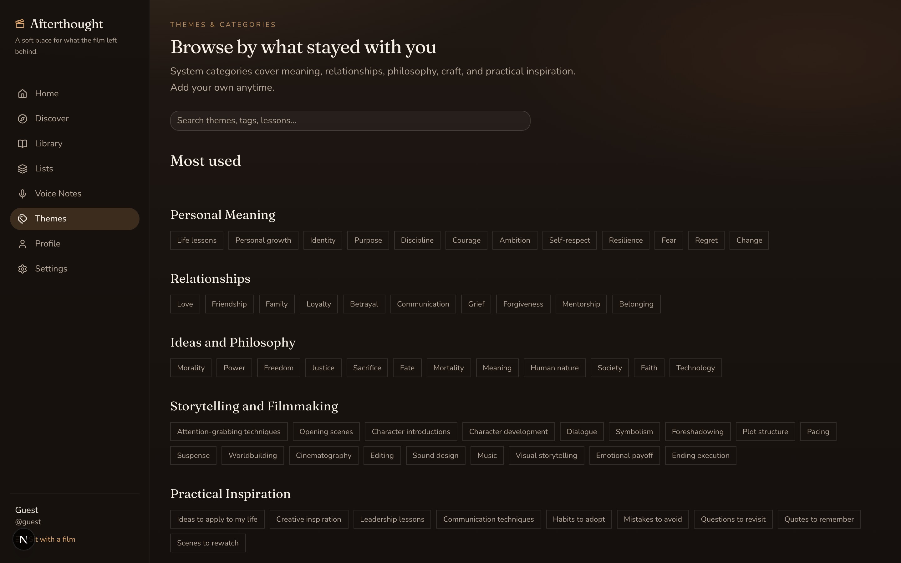 Theme browsing for reflections by idea