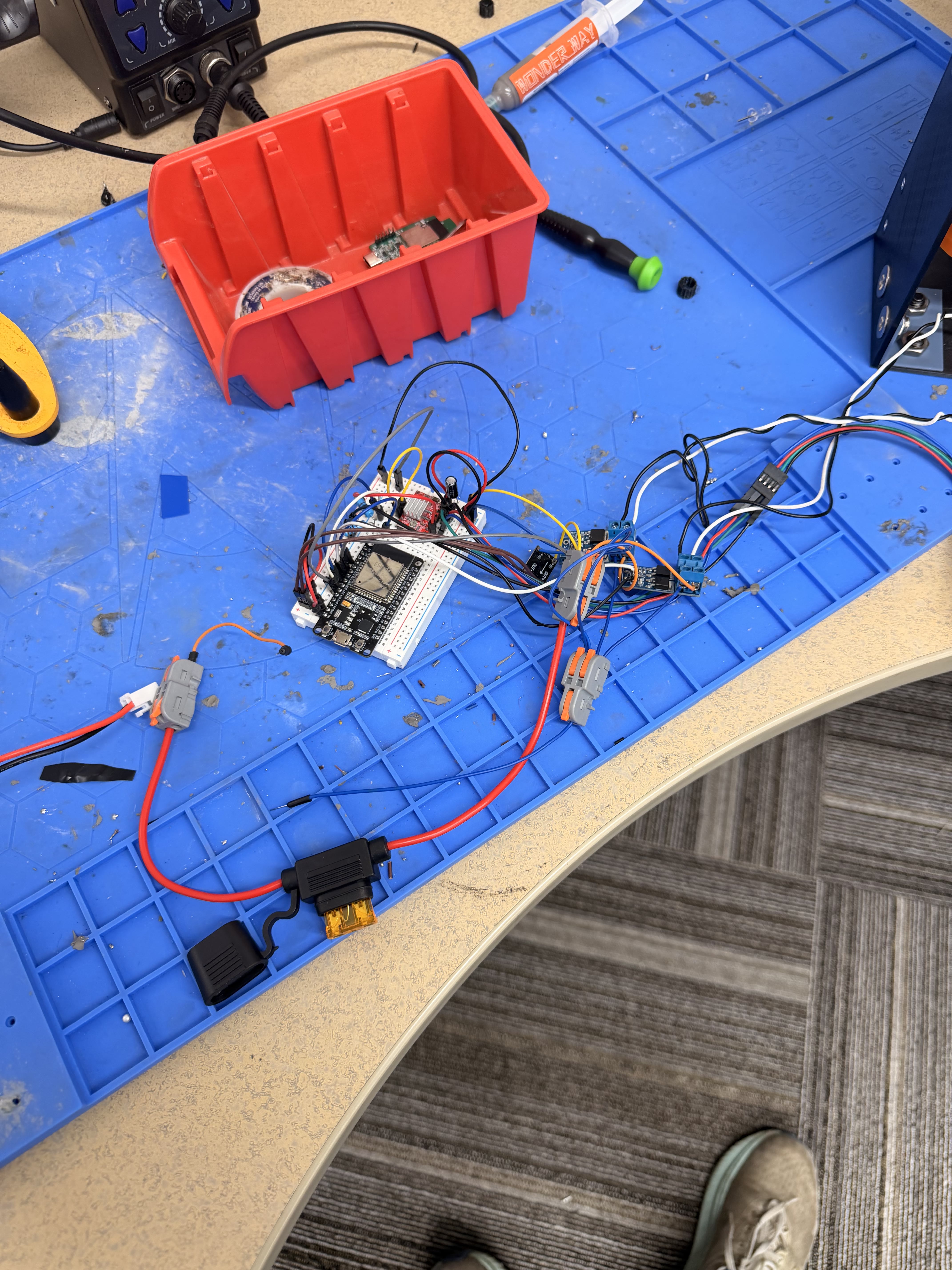 ESP32 breadboard with fused DC rail and Wago power distribution