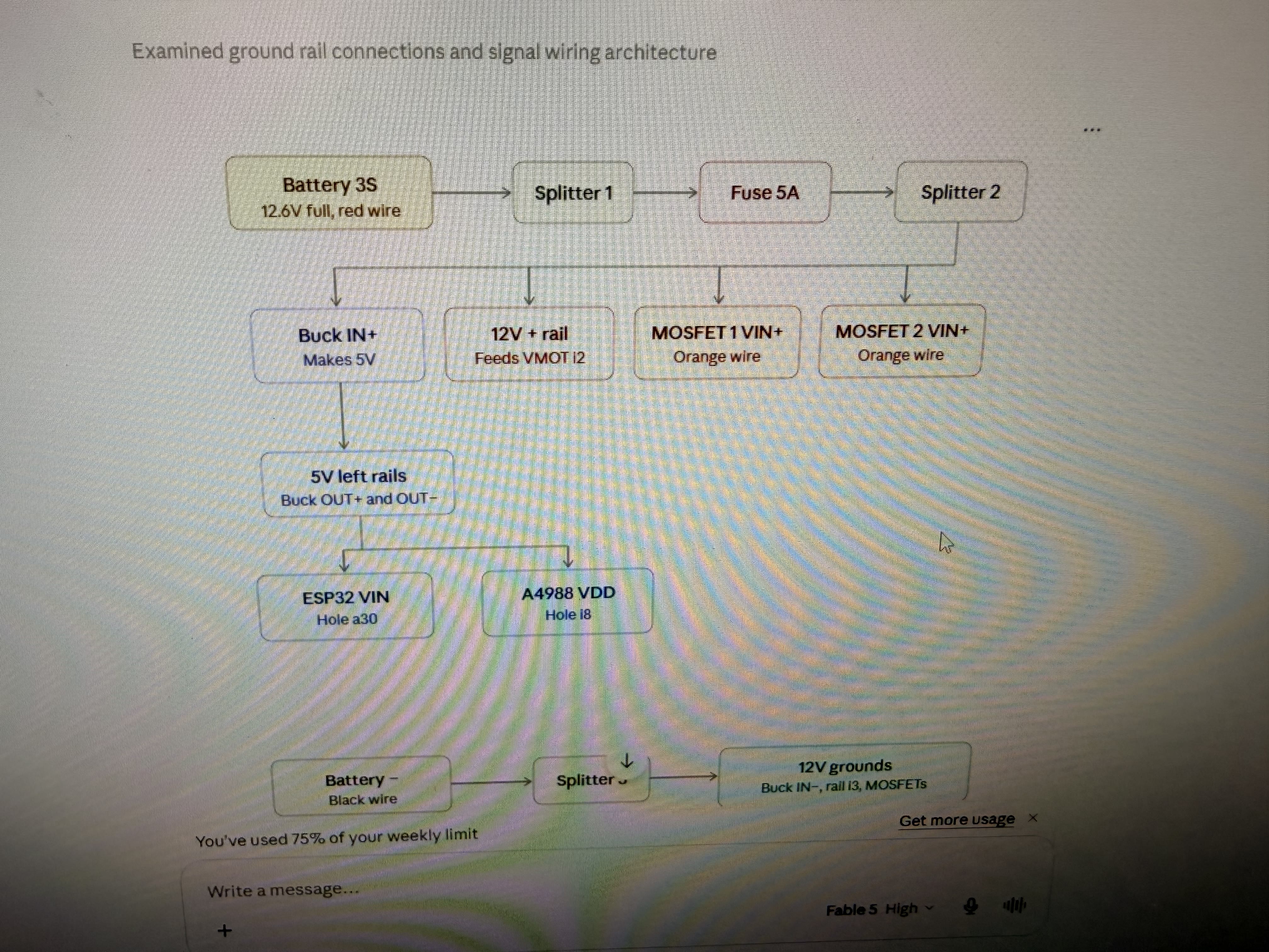 Power and signal wiring diagram with 12V battery, fuse, MOSFETs, and buck to 5V